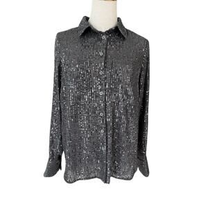 Anthropologie Remie Sequin Buttondown Top Slate Gray Sparkle Glam Party M